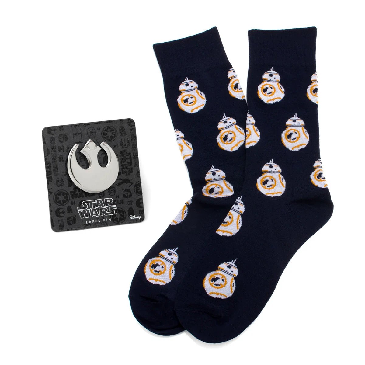 Star Wars BB-8 Navy Dress Socks and Rebel Alliance Starbird Crest Lapel Pin Gift Set by Cufflinks.com