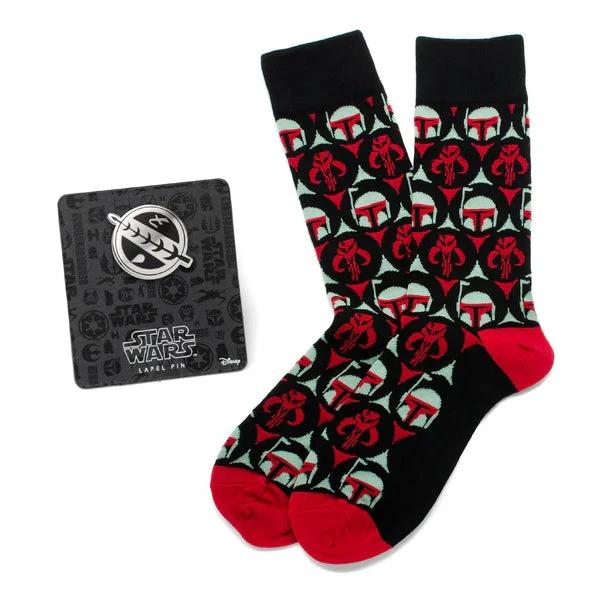 Star Wars Boba Fett and Mythosaur Black and Red Dress Socks and Crest Lapel Pin Gift Set by Cufflinks.com