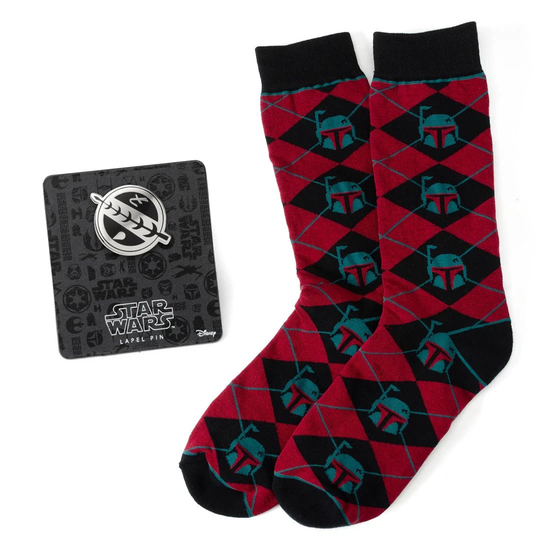Star Wars Boba Fett Maroon and Black Argyle Socks and Crest Lapel Pin Gift Set by Cufflinks.com