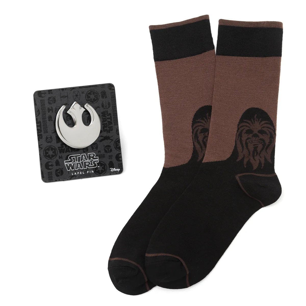 Star Wars Chewbacca Brown and Black Dress Socks and Rebel Alliance Starbird Crest Lapel Pin Gift Set by Cufflinks.com