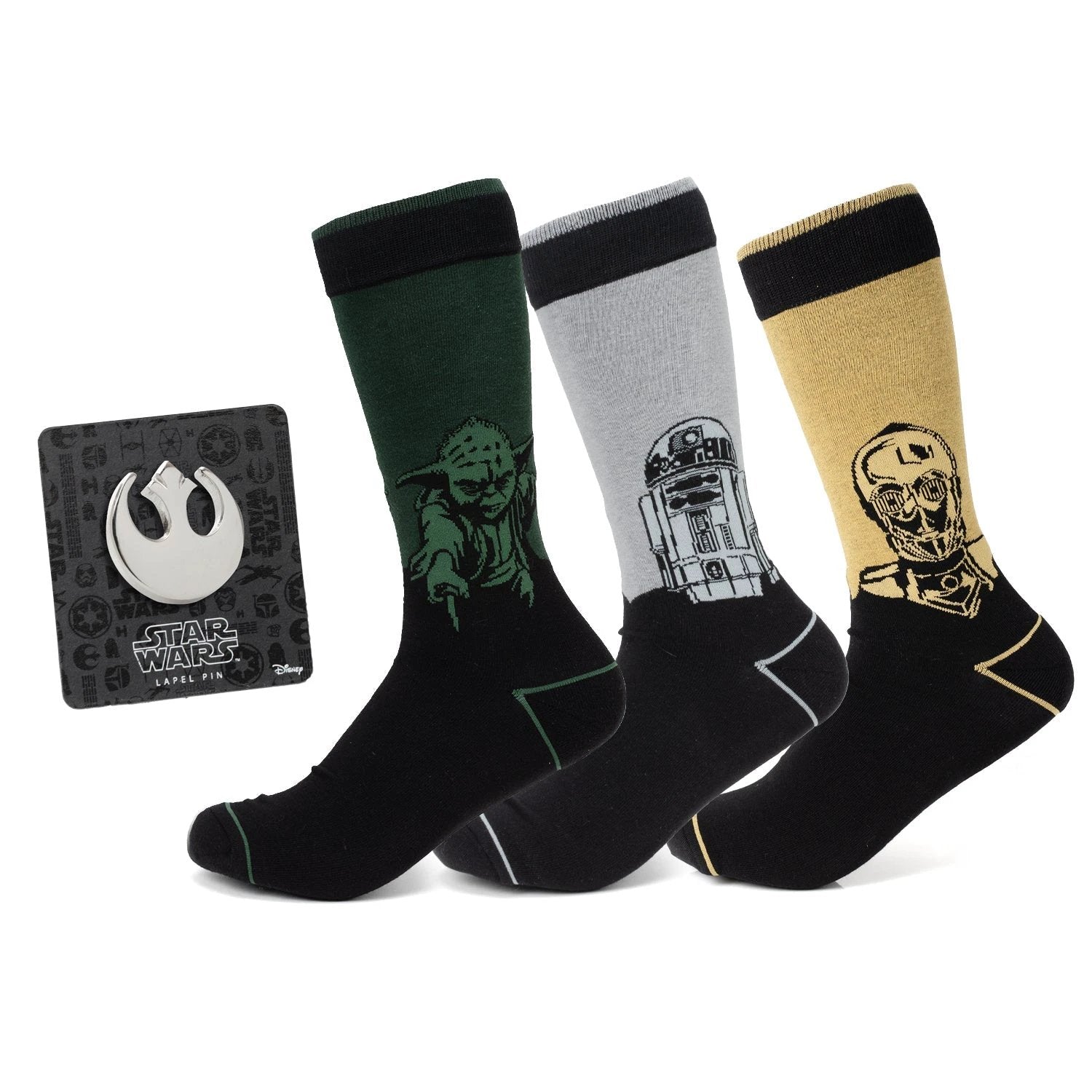 Star Wars Yoda, R2-D2, and C-3PO Dress Socks 3-Pack with Rebel Crest Lapel Pin Gift Set by Cufflinks.com