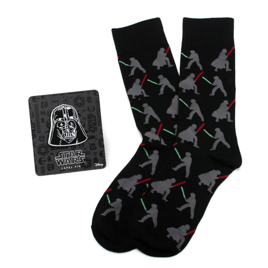 Star Wars Darth Vader and Luke Skywalker LIGHTSABER Battle Black Dress Socks and Darth Vader Lapel Pin Gift Set by Cufflinks.com