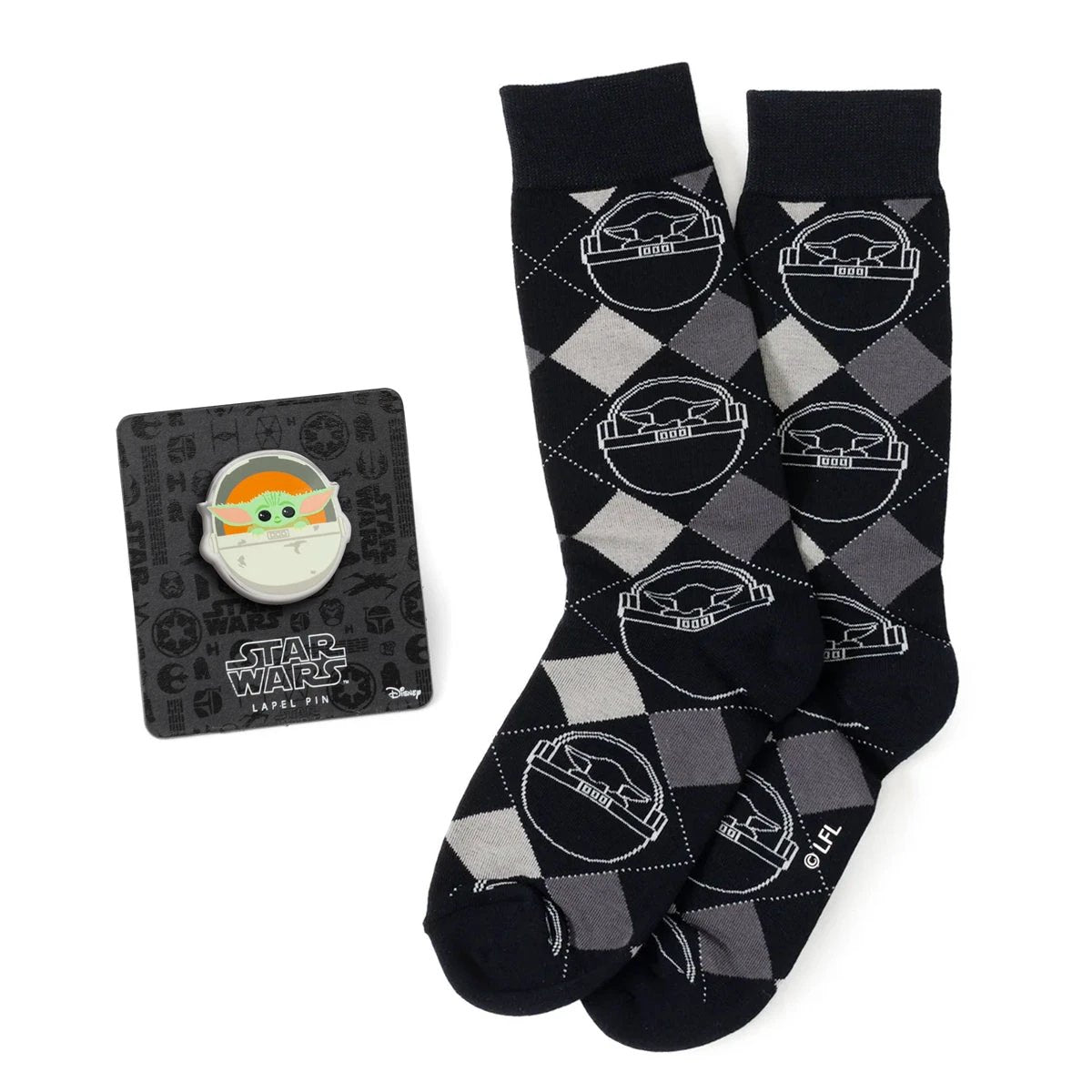 Star Wars Grogu Charcoal Gray Argyle Socks and Lapel Pin Gift Set by Cufflinks.com