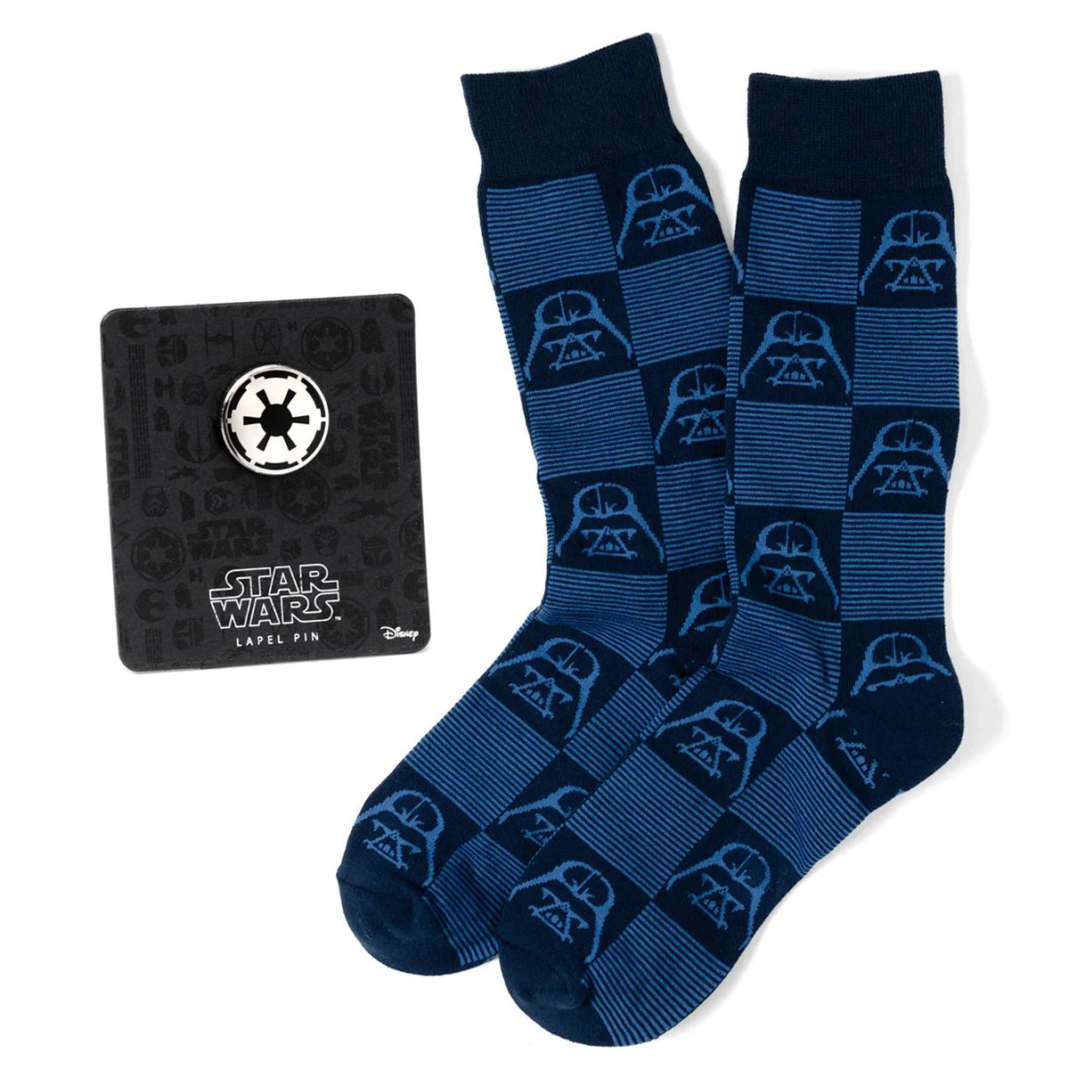 Star Wars Darth Vader Navy and Black Checkered Socks with Imperial Crest Lapel Pin Gift Set by Cufflinks.com
