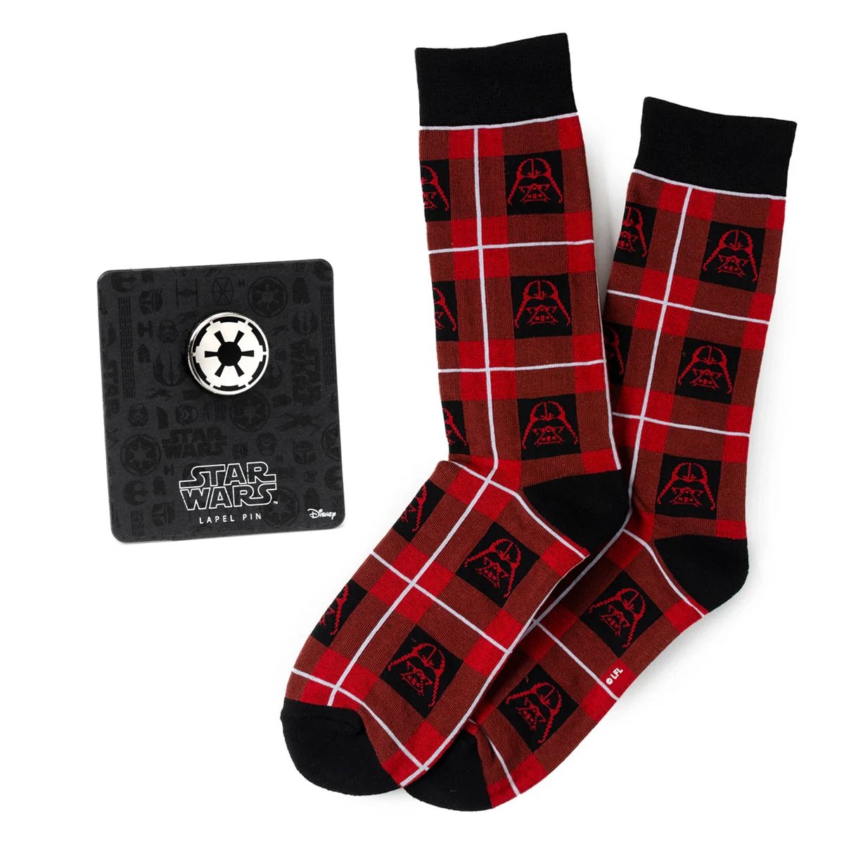 Star Wars Darth Vader Black and Red Plaid Dress Socks and Imperial Crest Lapel Pin Gift Set by Cufflinks.com