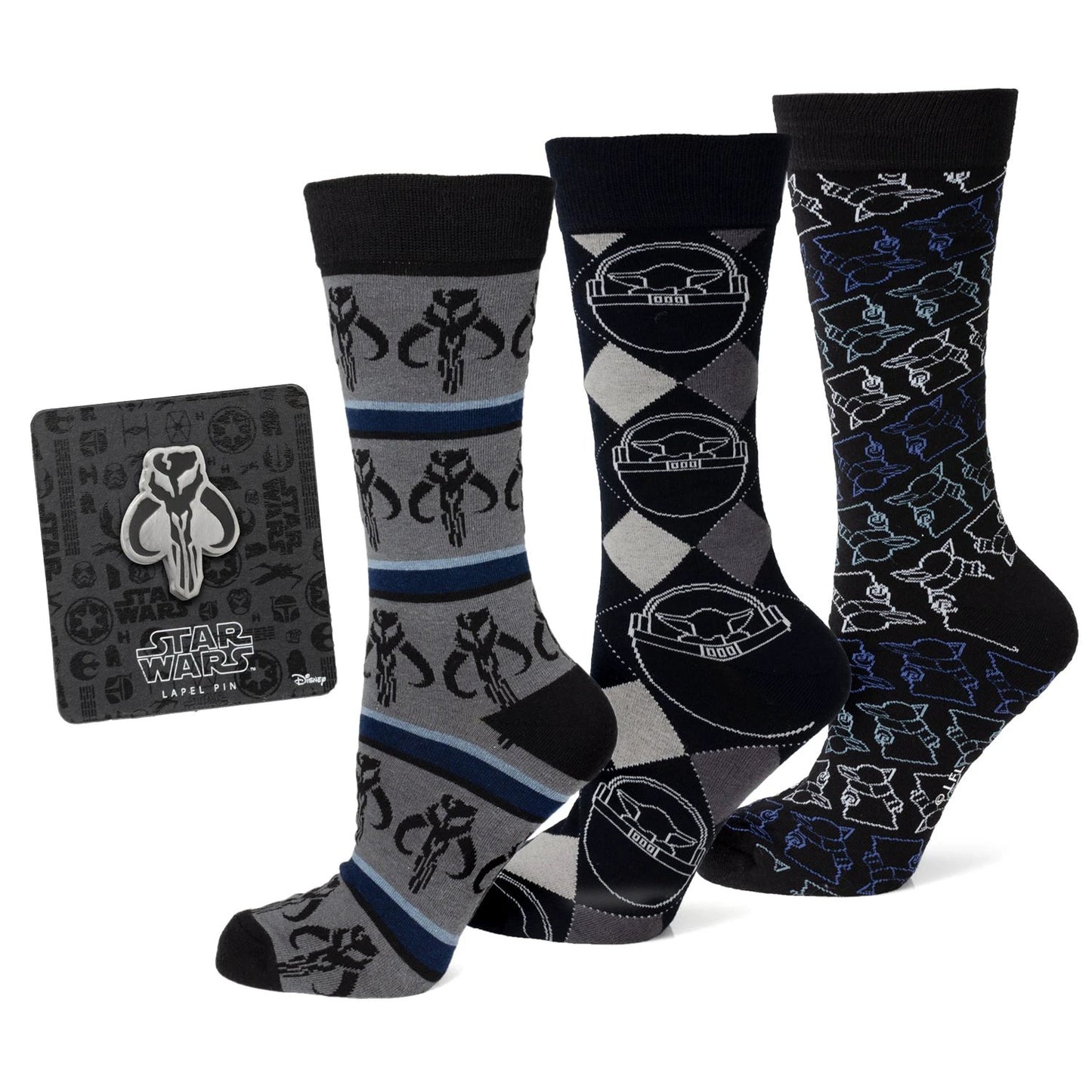 Star Wars Mandalorian 3-Pack Dress Sock and Mythosaur Lapel Pin Gift Set by Cufflinks.com