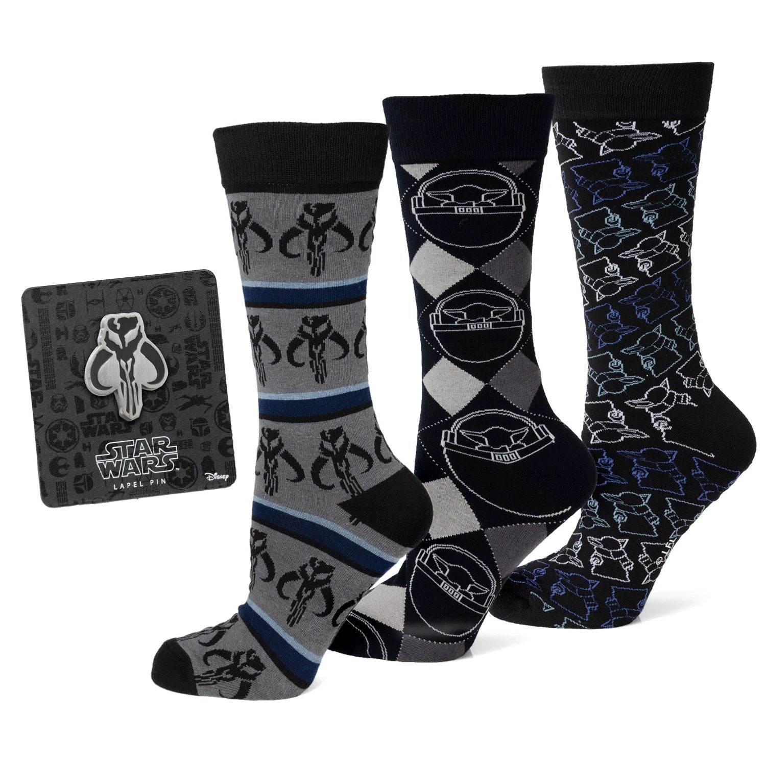 Star Wars Mandalorian 3-Pack Dress Sock and Mythosaur Lapel Pin Gift Set by Cufflinks.com