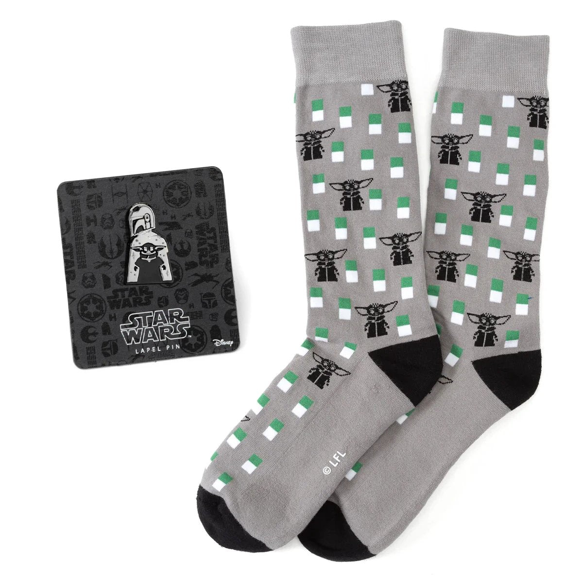 Star Wars Mandalorian and Grogu Gray Dress Socks and Lapel Pin Gift Set by Cufflinks.com