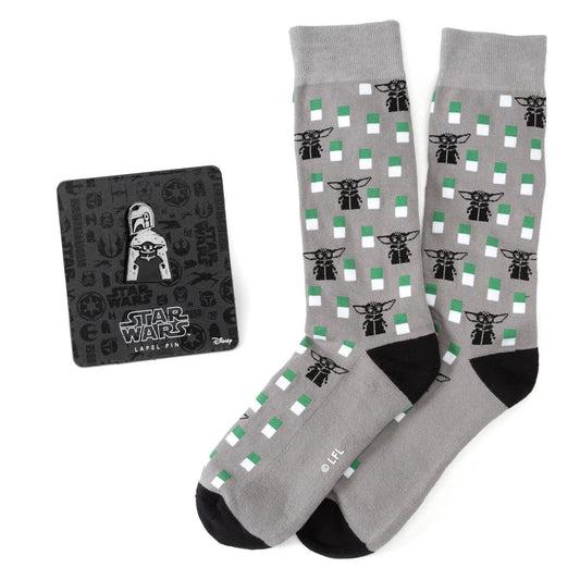 Star Wars Mandalorian and Grogu Gray Dress Socks and Lapel Pin Gift Set by Cufflinks.com