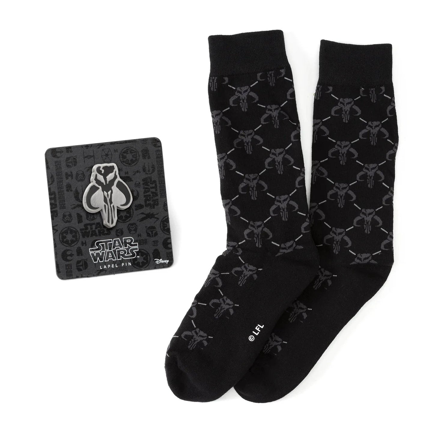 Star Wars Mandalorian Charcoal Gray Dress Socks and Mythosaur Lapel Pin Gift Set by Cufflinks.com