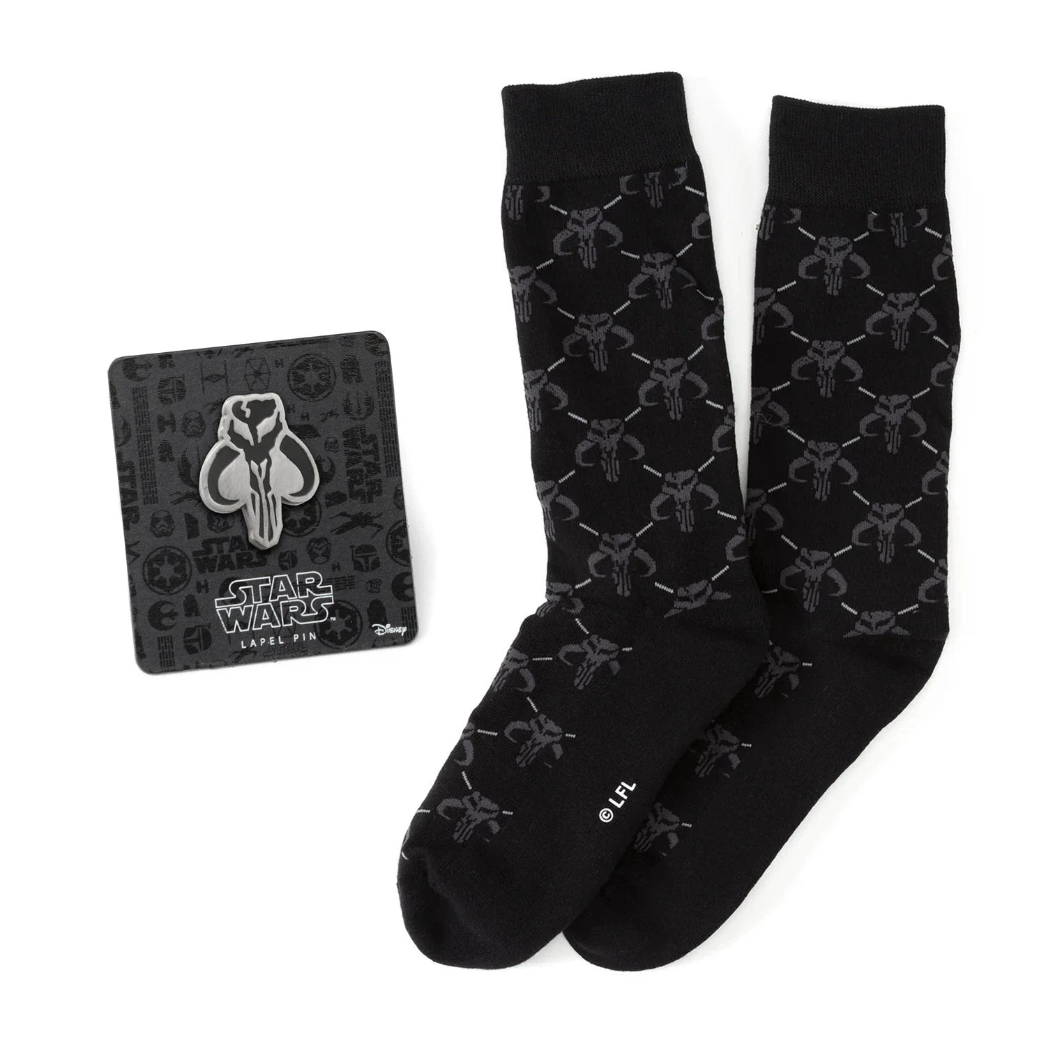 Star Wars Mandalorian Charcoal Gray Dress Socks and Mythosaur Lapel Pin Gift Set by Cufflinks.com