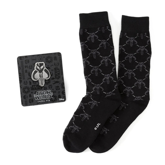 Star Wars Mandalorian Charcoal Gray Dress Socks and Mythosaur Lapel Pin Gift Set by Cufflinks.com