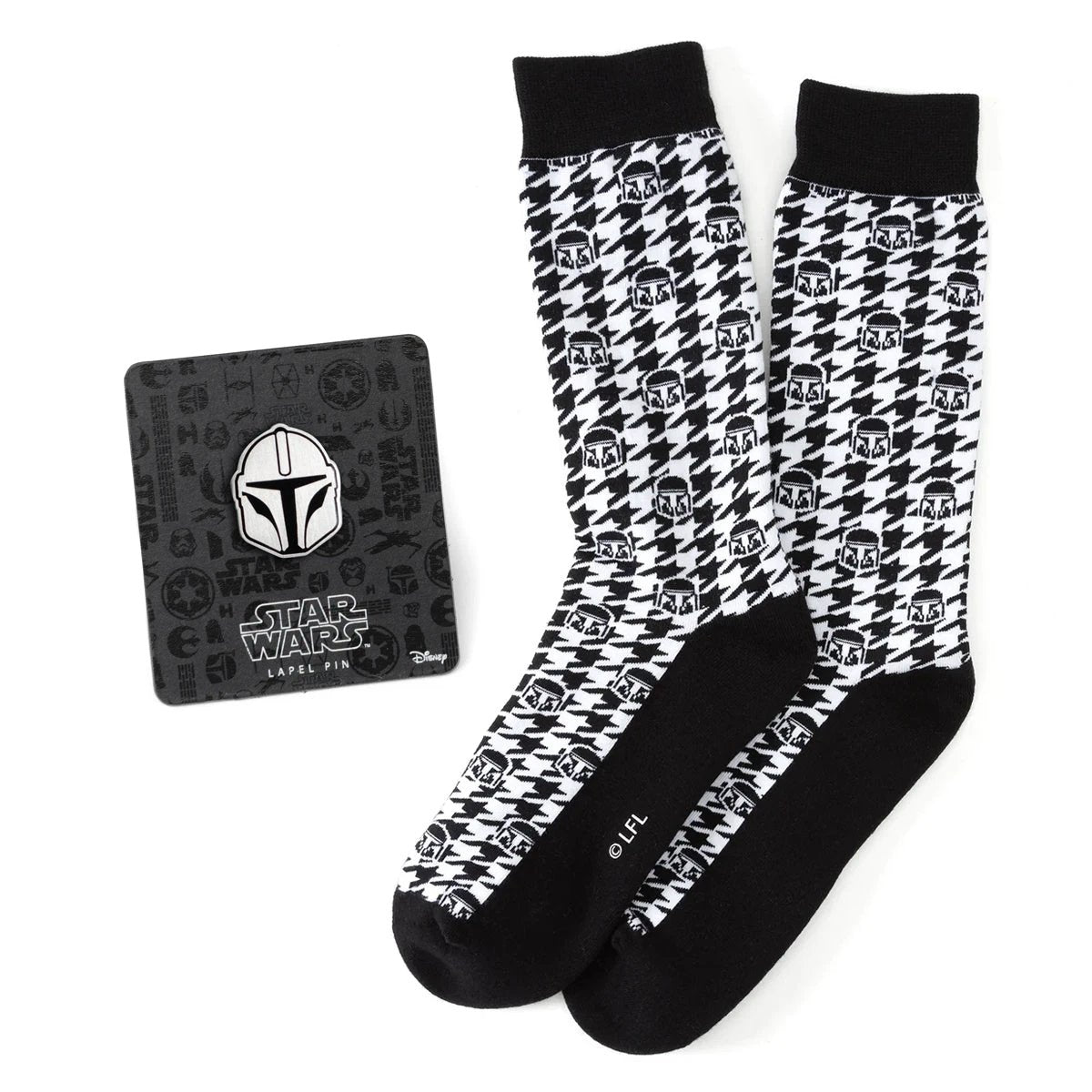 Star Wars Mandalorian Houndstooth Black and White Dress Socks and Lapel Pin Gift Set by Cufflinks.com