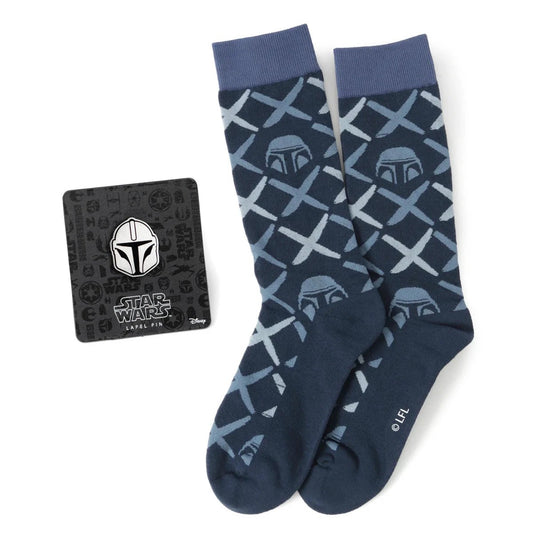 Star Wars Mandalorian Navy Checkered Dress Socks and Lapel Pin Gift Set by Cufflinks.com