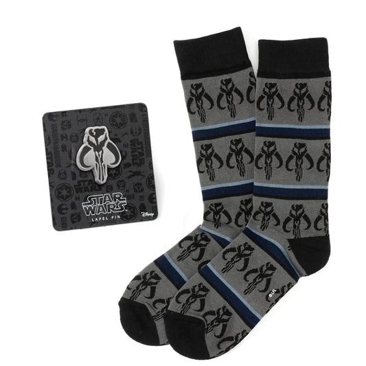 Star Wars Mandalorian Mythosaur Striped Dress Socks and Lapel Pin Gift Set by Cufflinks.com