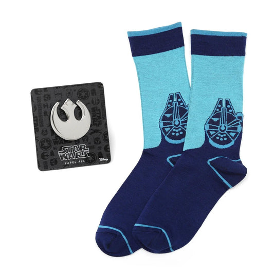 Star Wars Millennium Falcon Blue Mod Dress Socks and Rebel Crest Lapel Pin Gift Set by Cufflinks.com