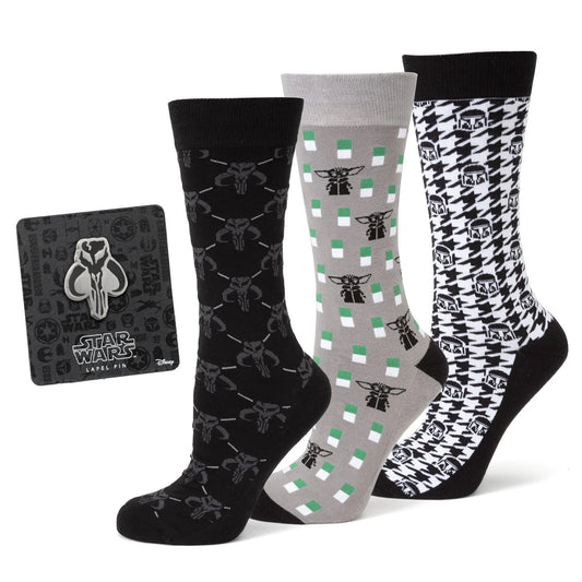 Star Wars Mandalorian Dress Socks 3-Pack and Mythosaur Lapel Pin Gift Set by Cufflinks.com