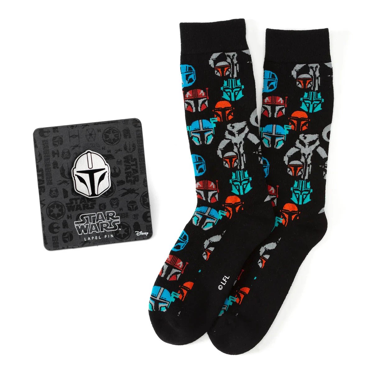 Star Wars Mandalorian and Mythosaur Multicolored Navy Dress Socks and Lapel Pin Gift Set by Cufflinks.com