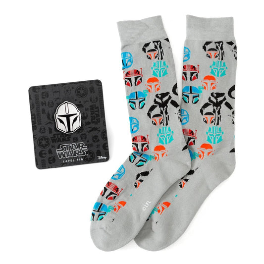 Star Wars Mandalorian and Mythosaur Multicolored Gray Dress Socks and Lapel Pin Gift Set by Cufflinks.com