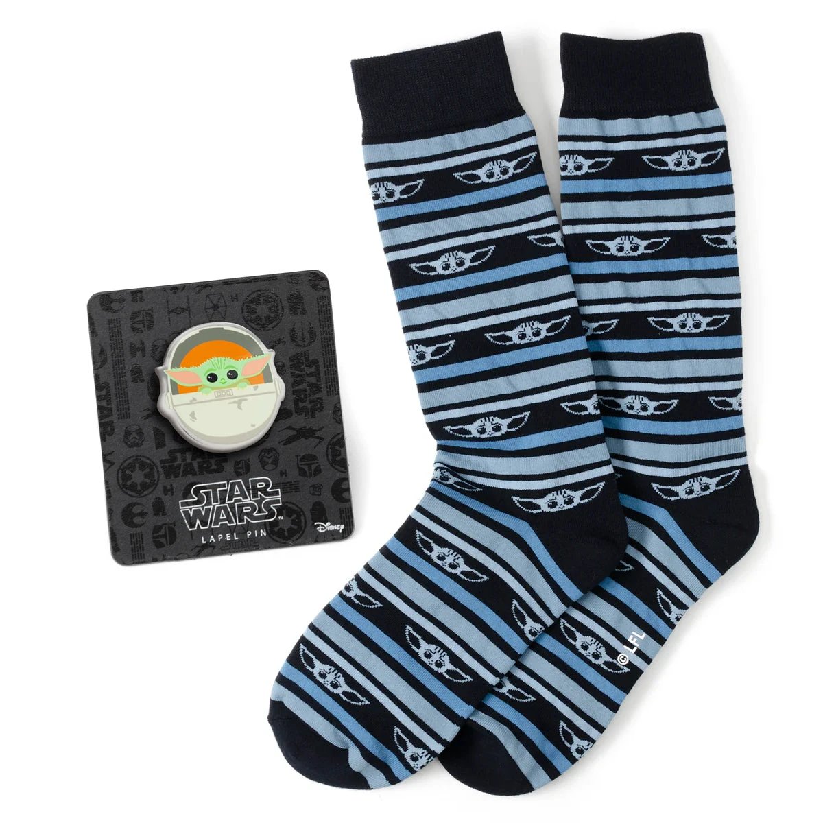 Star Wars Grogu Blue Striped Dress Socks and Lapel Pin Gift Set by Cufflinks.com