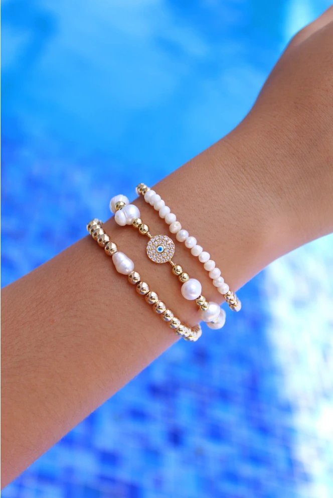 Evil Eye Pearl Beaded Bracelet Set Adjustable Evil Eye Bracelet by Views & Co