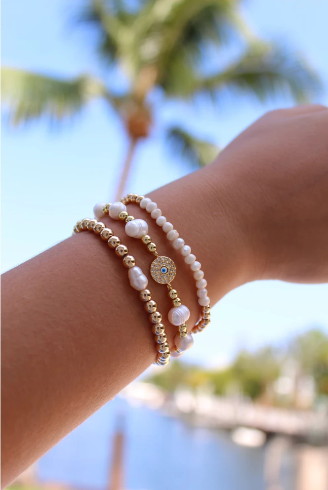 Evil Eye Pearl Beaded Bracelet Set Adjustable Evil Eye Bracelet by Views & Co