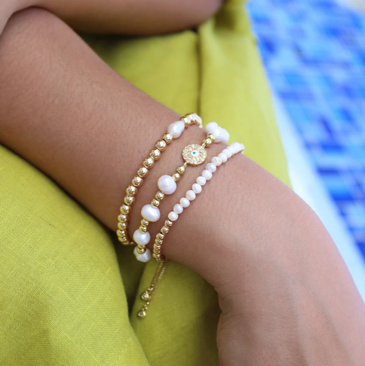 Evil Eye Pearl Beaded Bracelet Set Adjustable Evil Eye Bracelet by Views & Co