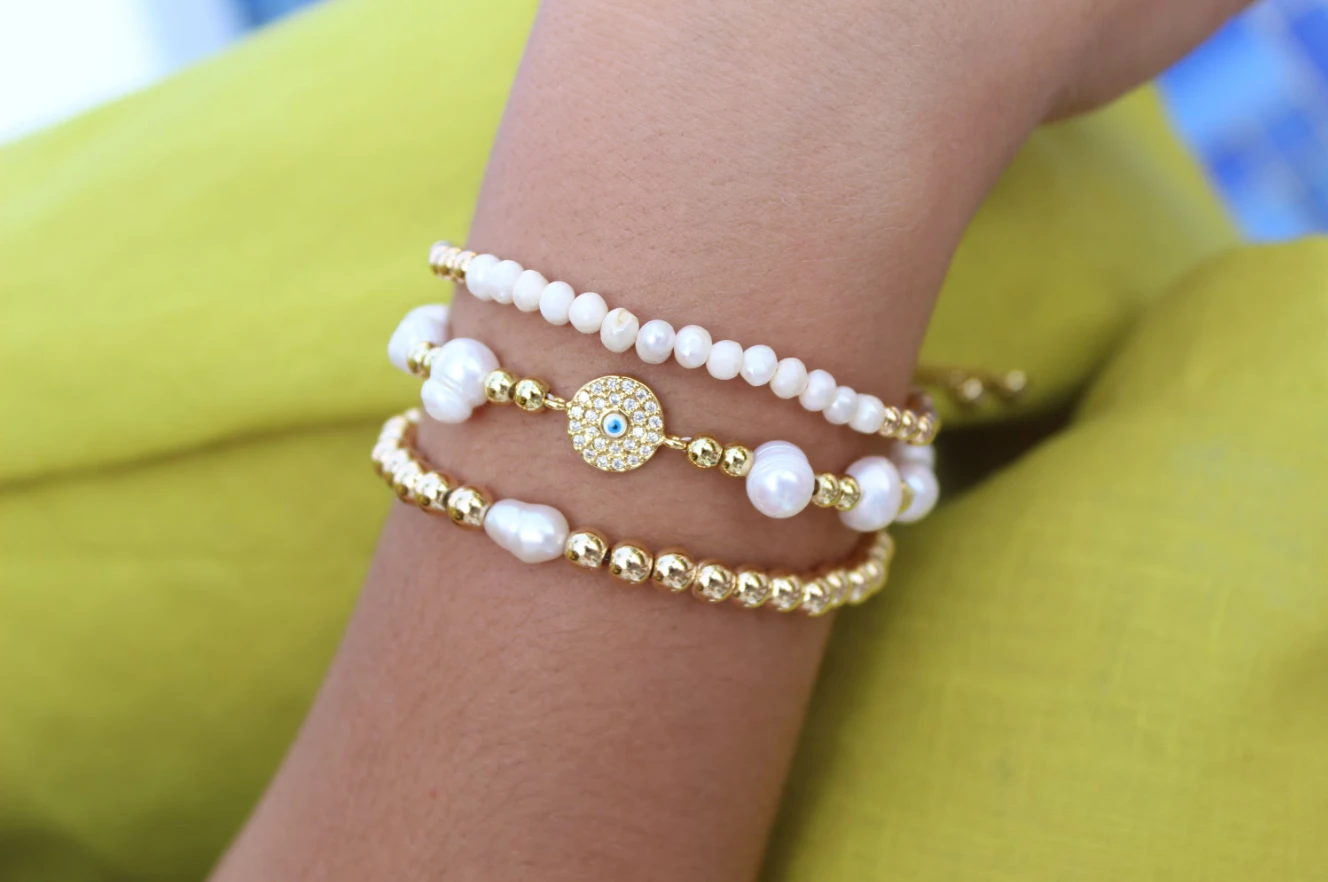 Evil Eye Pearl Beaded Bracelet Set Adjustable Evil Eye Bracelet by Views & Co