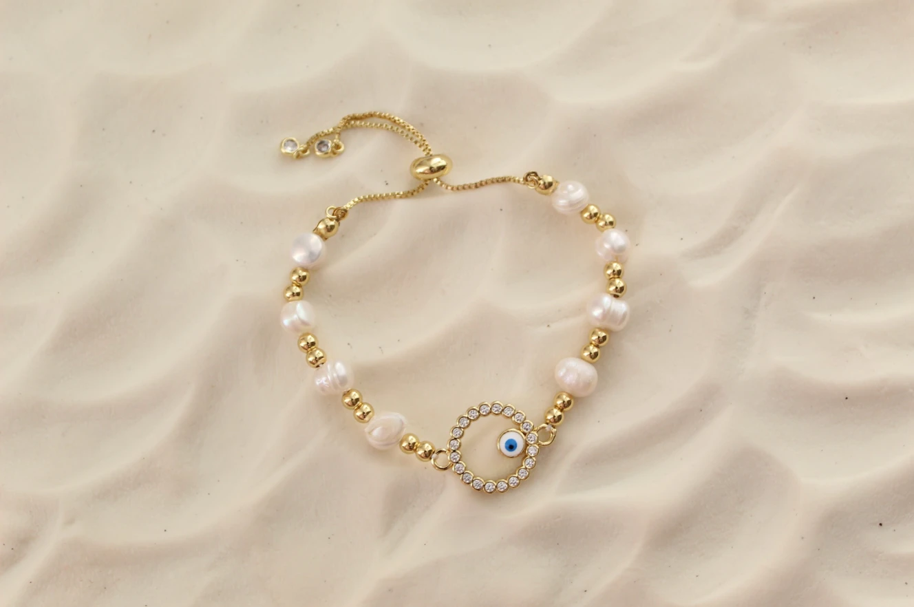 Evil Eye Pearl Beaded Bracelet Set Adjustable Evil Eye Bracelet by Views & Co