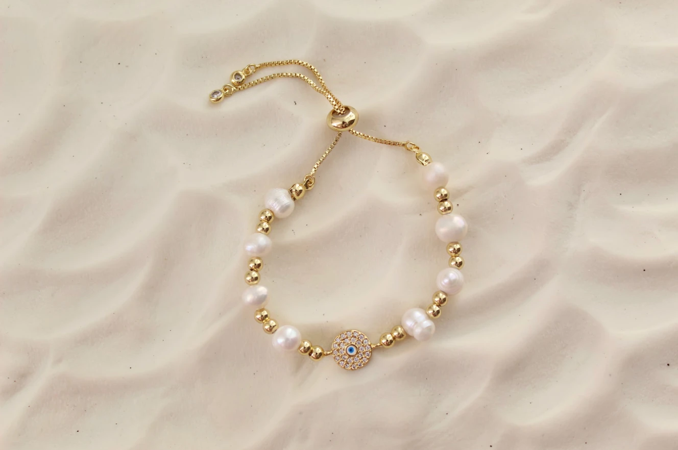 Evil Eye Pearl Beaded Bracelet Set Adjustable Evil Eye Bracelet by Views & Co