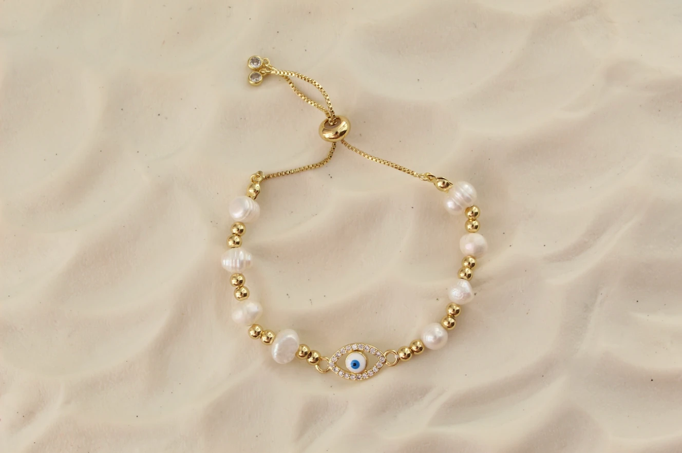 Evil Eye Pearl Beaded Bracelet Set Adjustable Evil Eye Bracelet by Views & Co