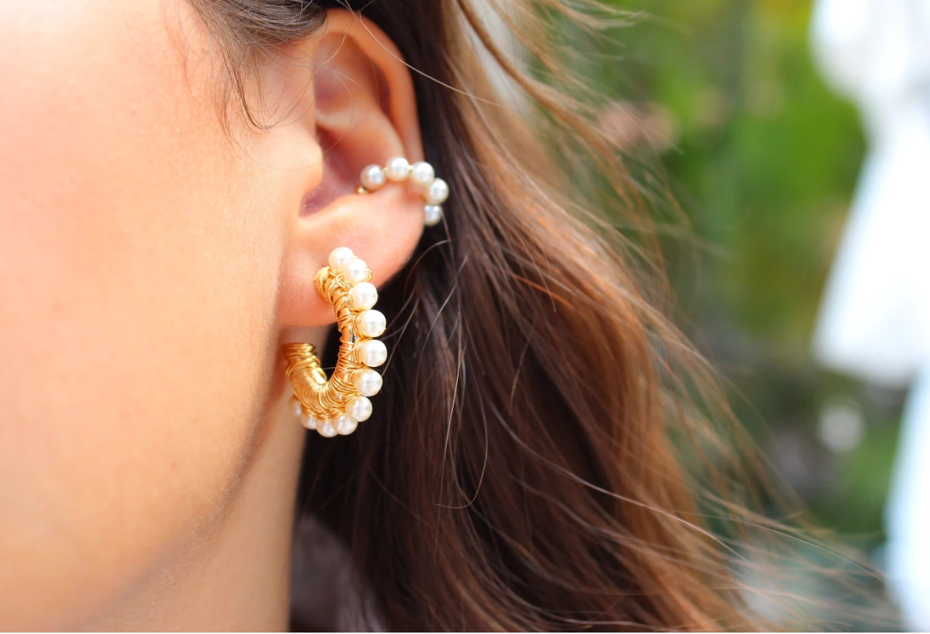 Pearl Wire Wrapped Gold Hoop Earrings & Pearl Ear Cuffs by Views & Co