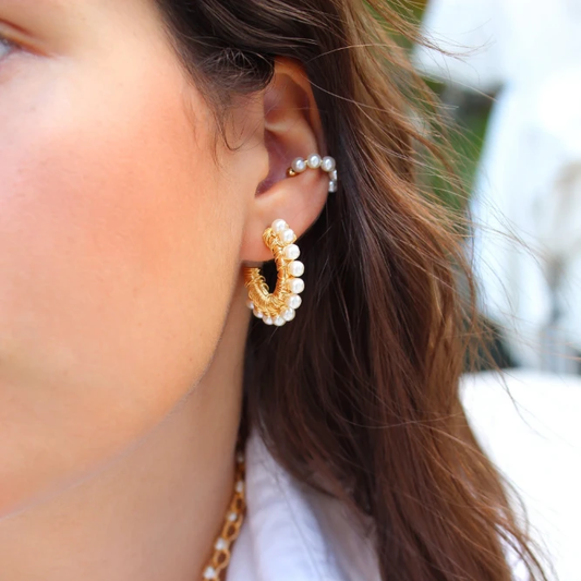 Pearl Wire Wrapped Gold Hoop Earrings & Pearl Ear Cuffs by Views & Co