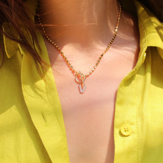 Pave Initial Pendant 3mm Disc Toggle Bar Necklace by Views & Co