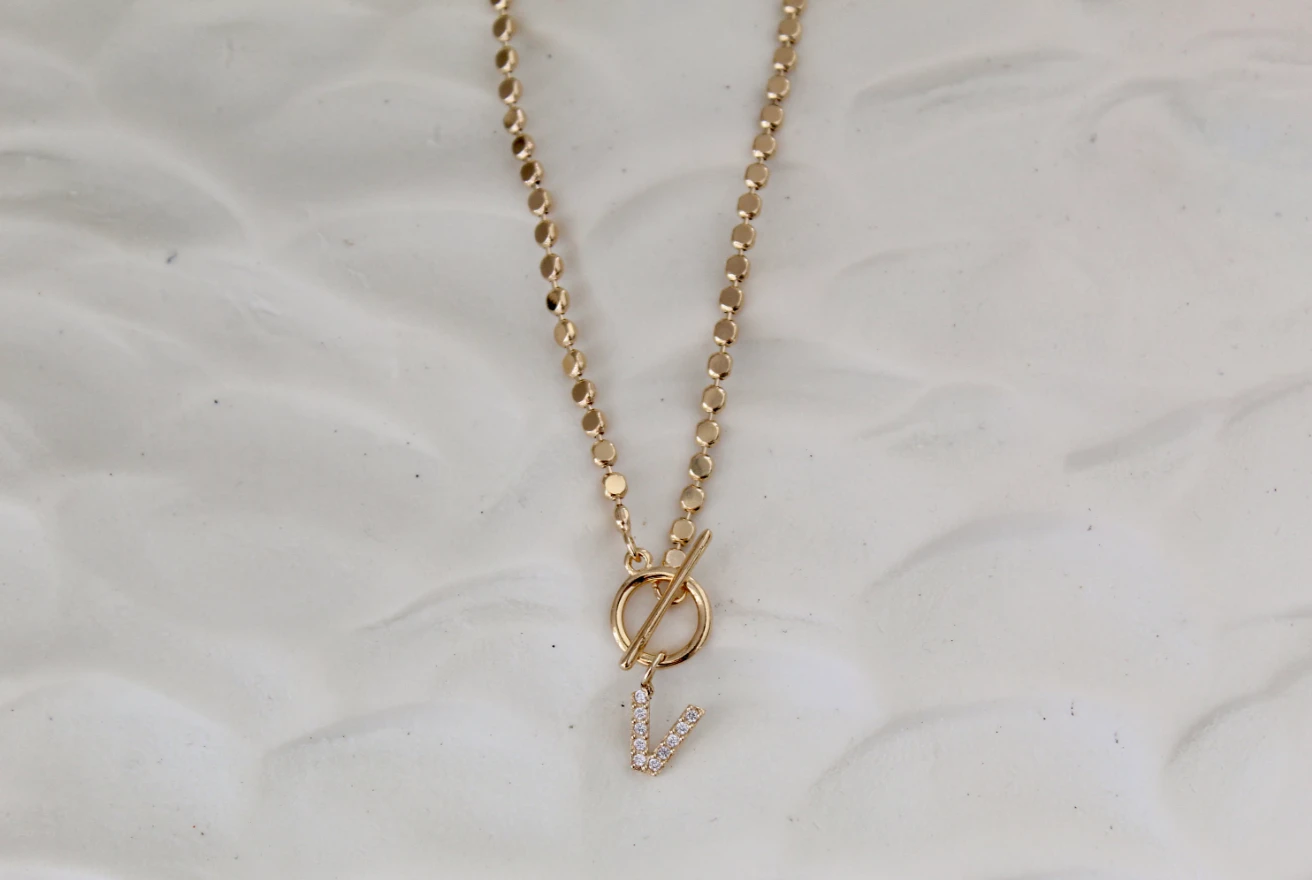 Pave Initial Pendant 3mm Disc Toggle Bar Necklace by Views & Co