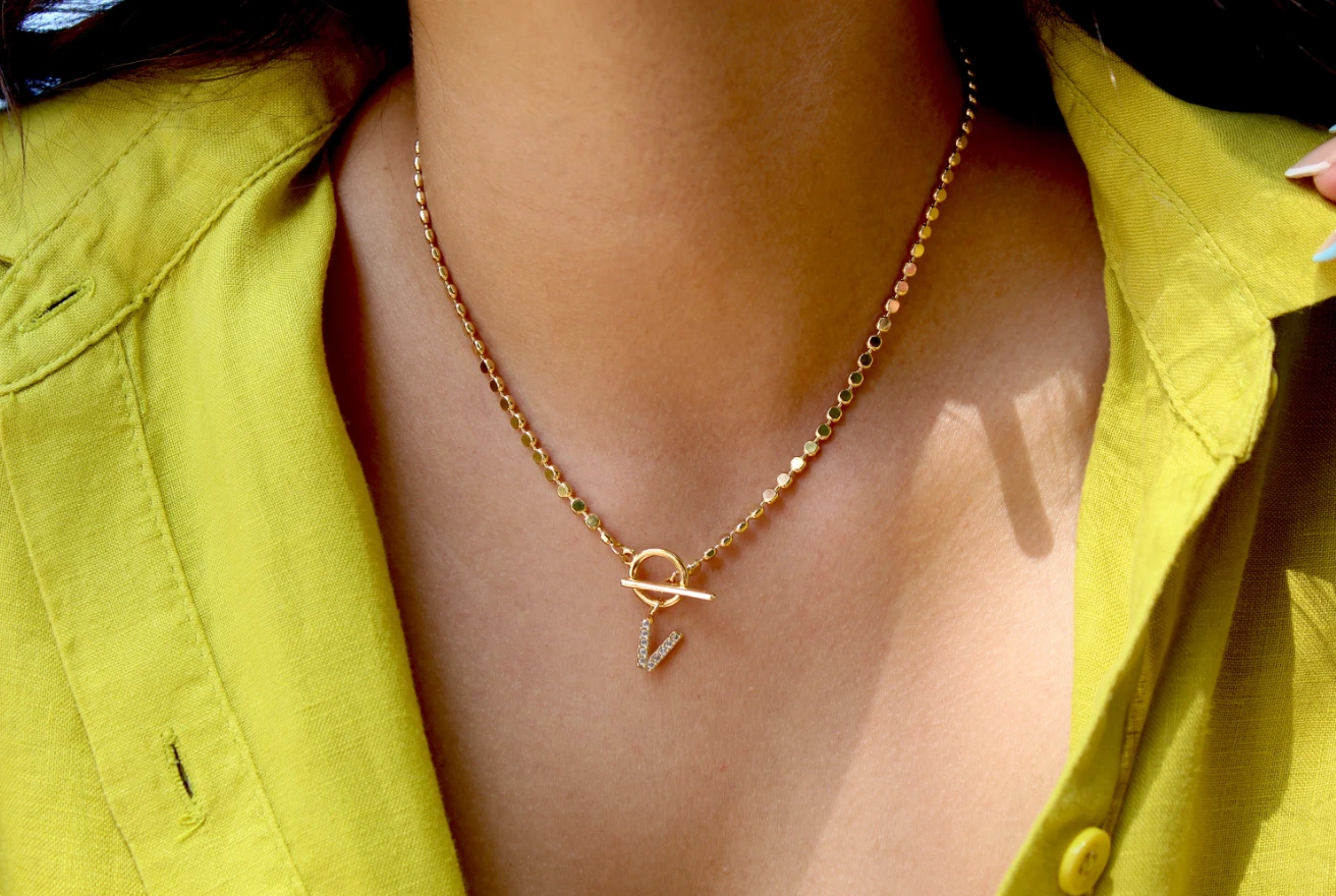 Pave Initial Pendant 3mm Disc Toggle Bar Necklace by Views & Co