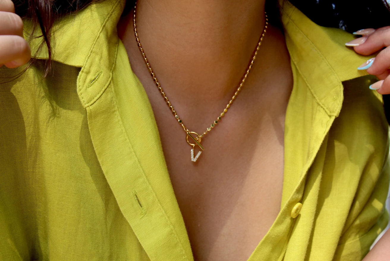 Pave Initial Pendant 3mm Disc Toggle Bar Necklace by Views & Co