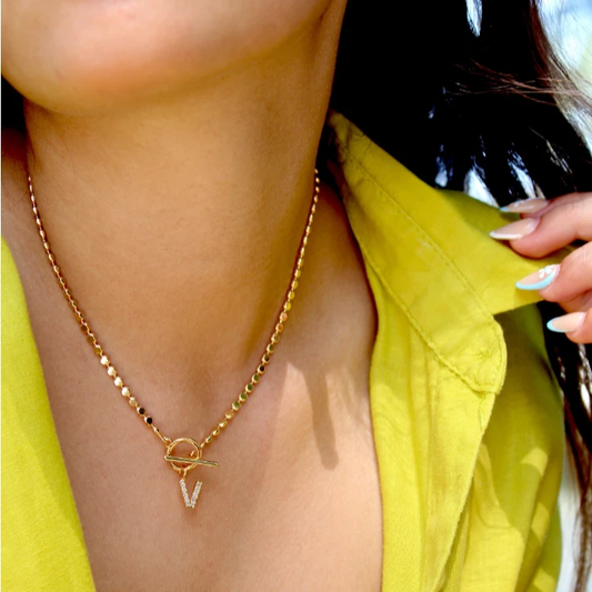 Pave Initial Pendant 3mm Disc Toggle Bar Necklace by Views & Co