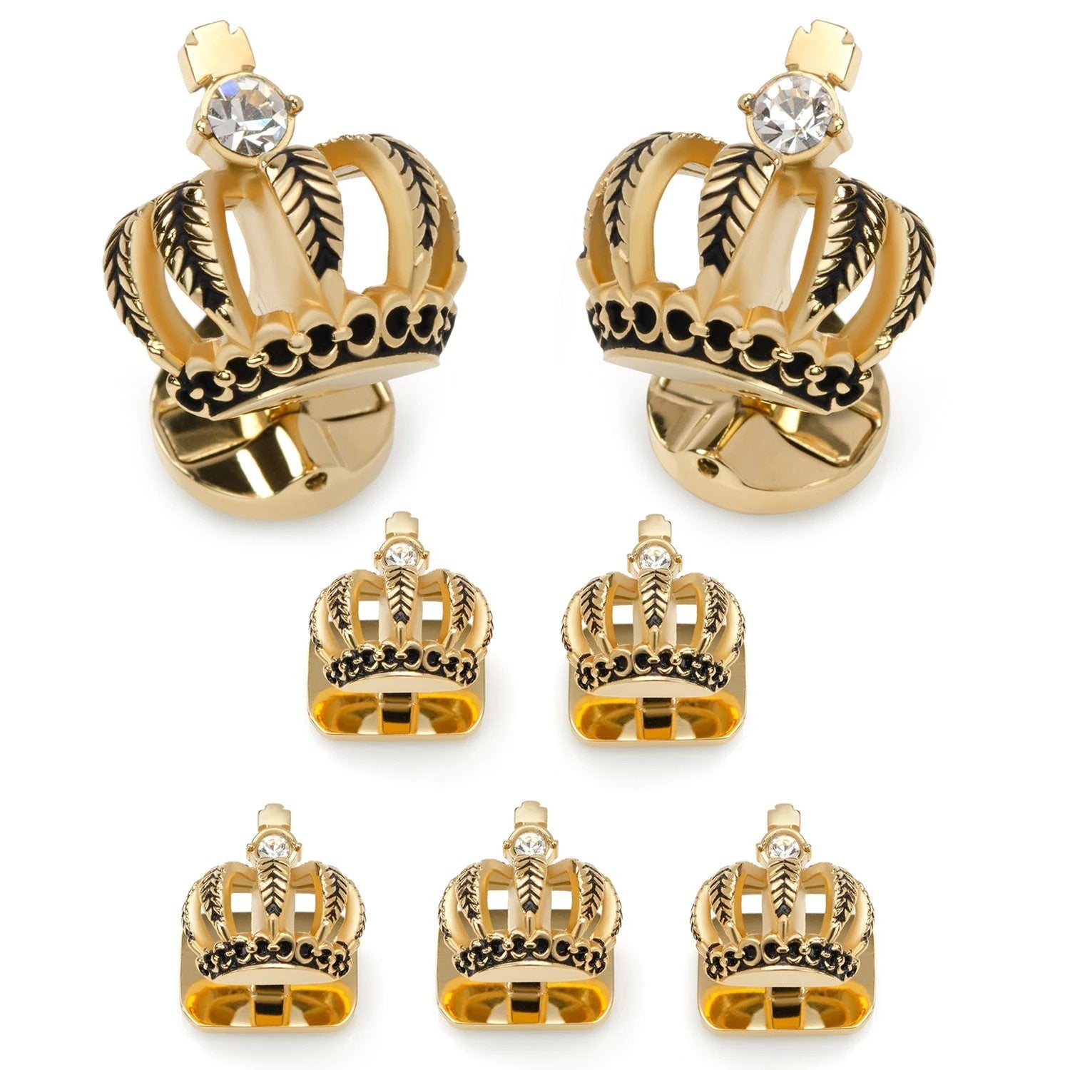 VDP 3D Crown Gold Crystal Stud Set by Cufflinks.com