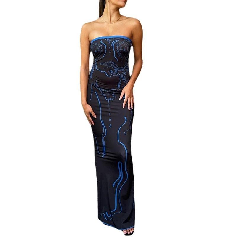 Celebrity Dresses Print Contrast Wrap Chest Off Neck Long Dress by GJG Denim