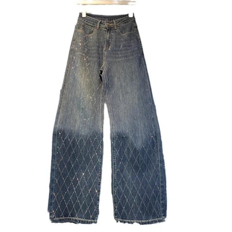Heavy Industry Hot Rhinestone Lattice Diamond High Waist Loose Wide Leg Pants by GJG Denim
