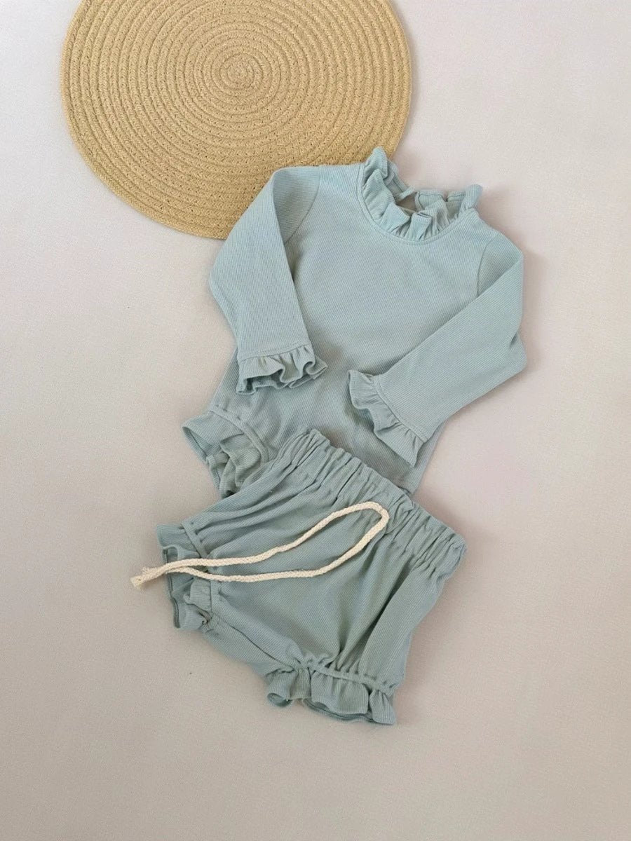 Rib Cotton Short Sleeve Wooden Ear Rompers Jumpsuit by GJG Denim