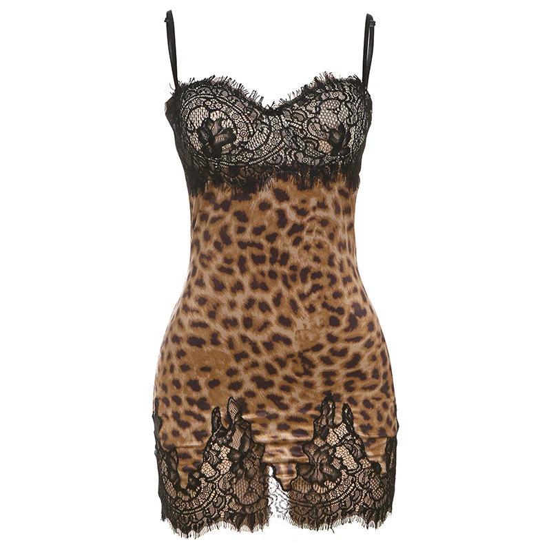 Sexy Leopard-print Slim-fit Backless Lace Splicing Sling Dress by GJG Denim