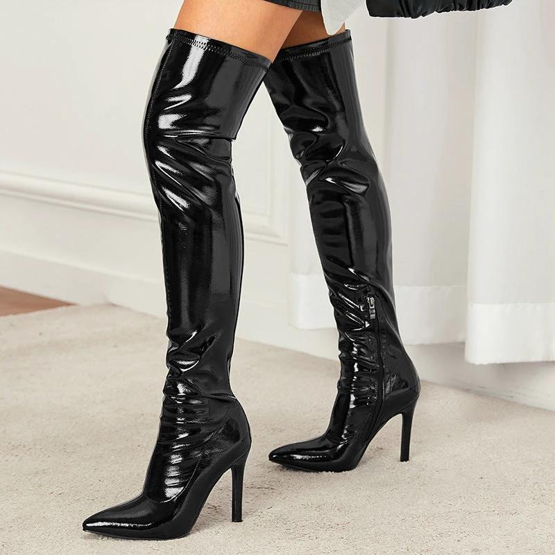 Women's High Heel Soft Patent Leather Inside Zipper Over The Knee Boots by GJG Denim