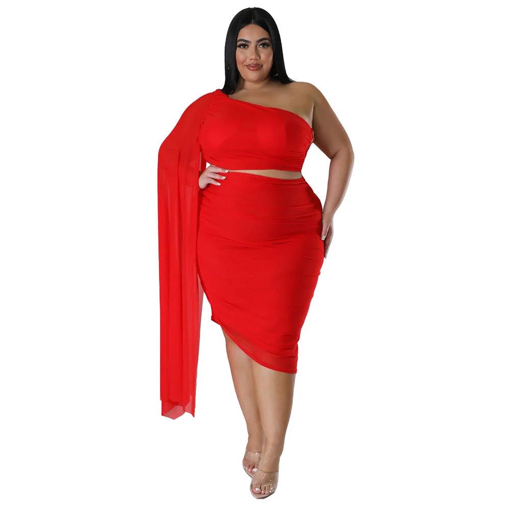 New Fashion Women's High-elastic Off-shoulder Long-train Sleeve Pleated Two-piece Set by GJG Denim