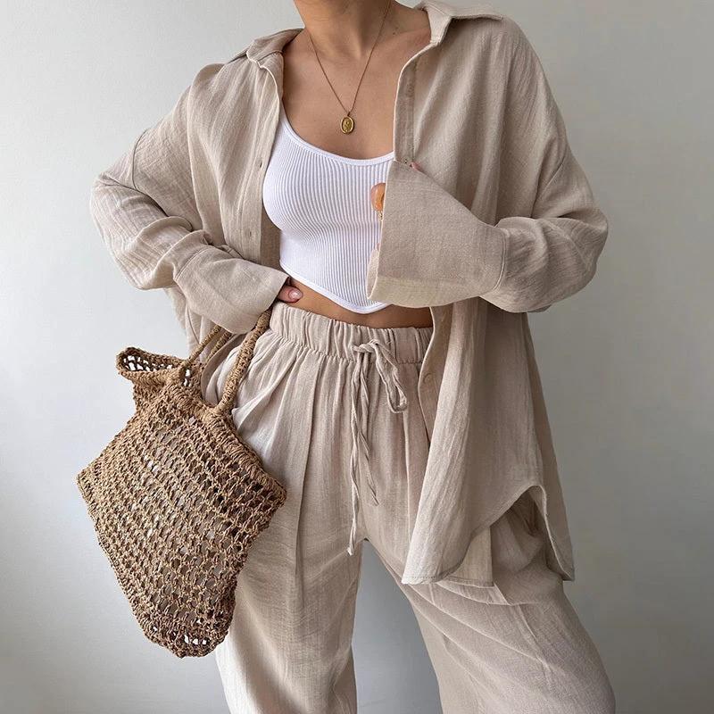 Women's Solid Color Lapel Collar Long Sleeve Shirt & High-Waist Pants Set - Casual Loose Fit Spring&Summer Outfit by GJG Denim