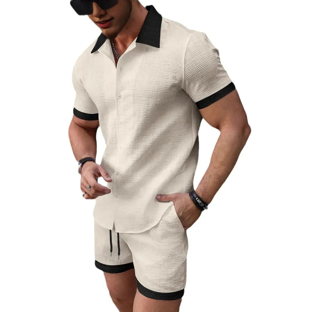 Mens Casual Color-Block Short-Sleeve Shirt And Shorts Beach Set by GJG Denim