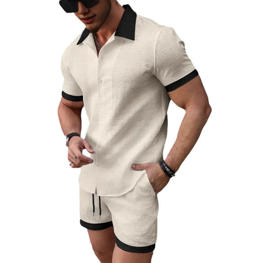 Mens Casual Color-Block Short-Sleeve Shirt And Shorts Beach Set by GJG Denim