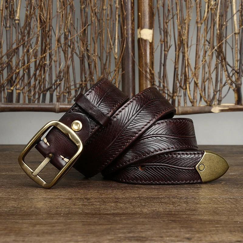 Men's 3.8CM Wide Thick Double-sided Cowhide Brass Buckle Belts by GJG Denim