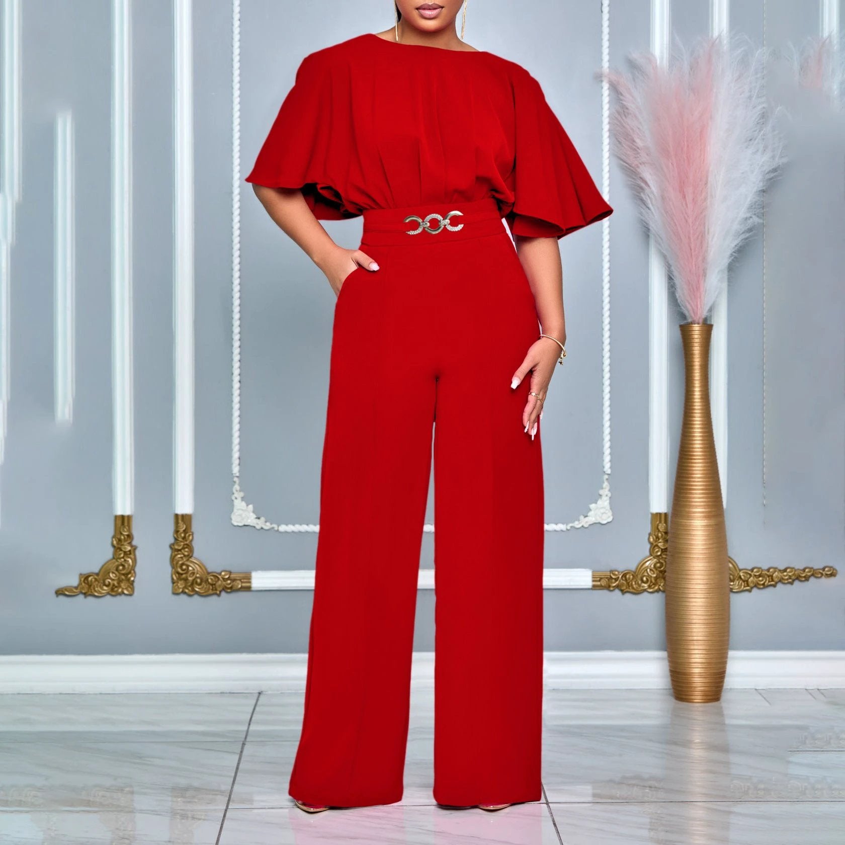 Fashion Round Neck Solid Color High Waist Plus Size African Wide Leg Jumpsuit by GJG Denim